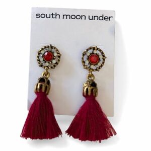 South Moon Under Gold and Red Tassel Earrings